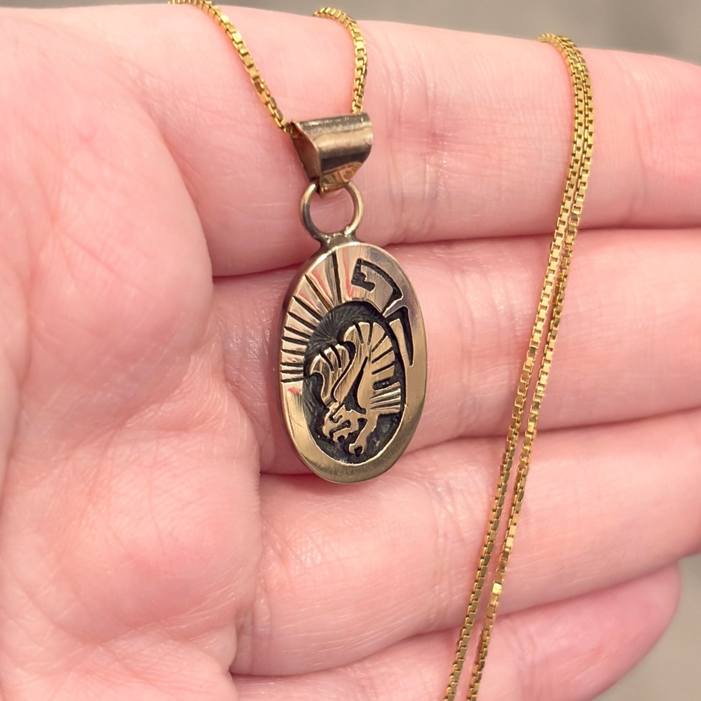 Vintage Native Eagle Sterling 14K Pendant, Navajo Aztec Style Piece - Picture 9 of 16